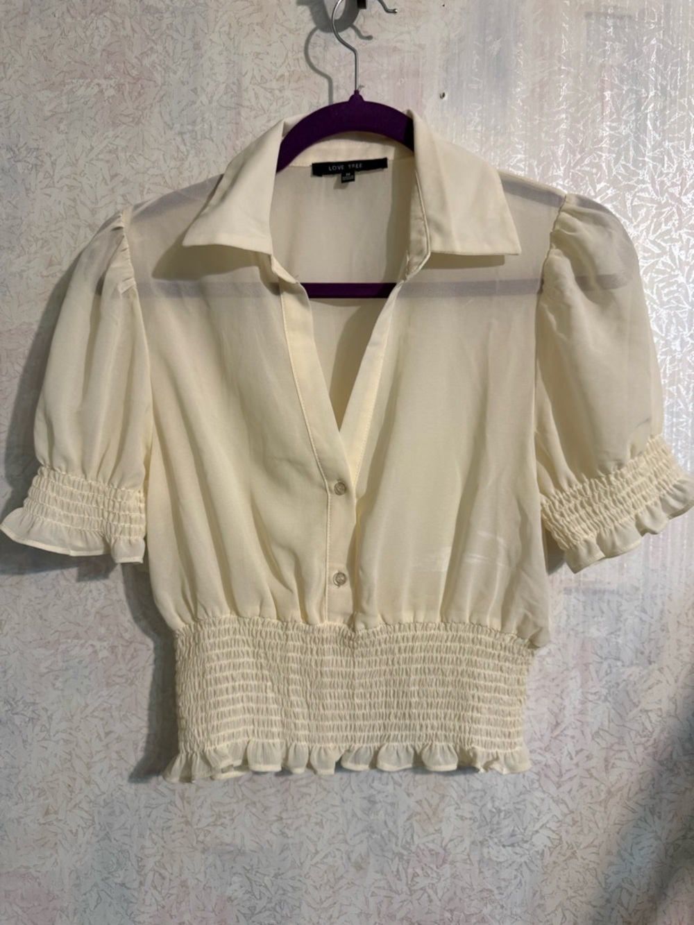 Love Tree Ivory Puff Sleeve Smocked Hem Sheer V Neck Button Detailed Blouse Sz M